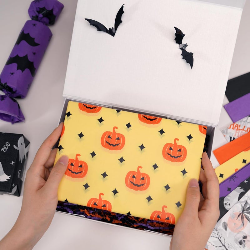 ROSYJUNE 120 Sheets Halloween Tissue Paper for Gift Bags, 20" x 14" Black Orange Purple Wrapping Tissue Paper with Ghost Bat Pumpkin Maple Leaf Pattern for Halloween Decoration - Image 5
